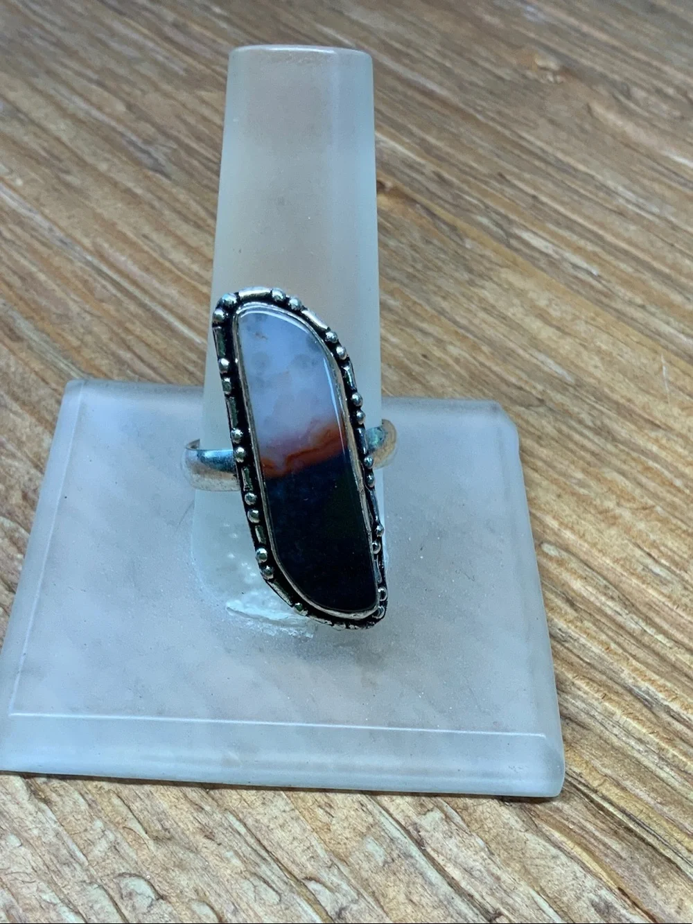 Agate Gemstone Elegant Long Oval Silver Overlay Stone Ring - 9